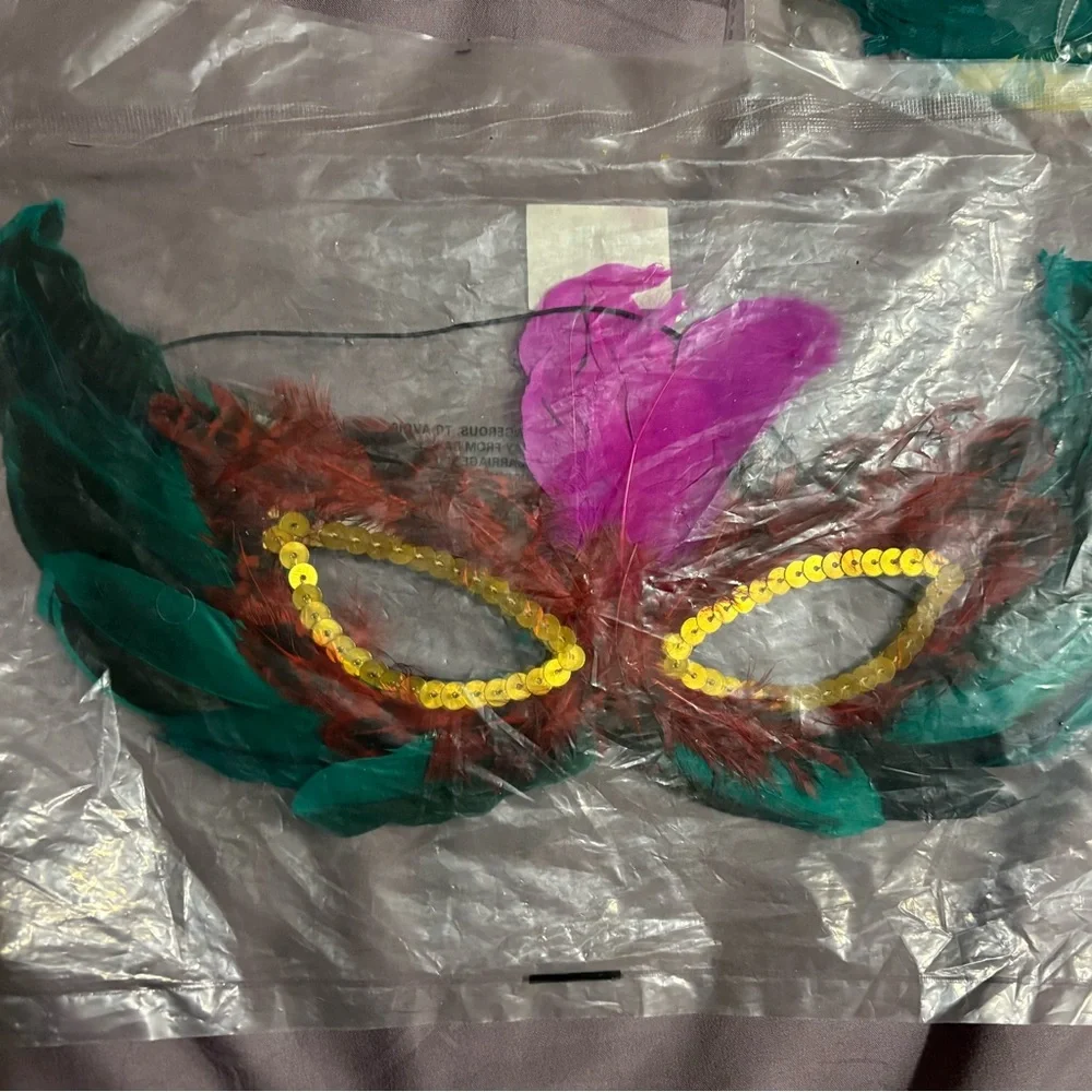 Mardi Gras Style Feather Party Mask - Yellow Green Purple
